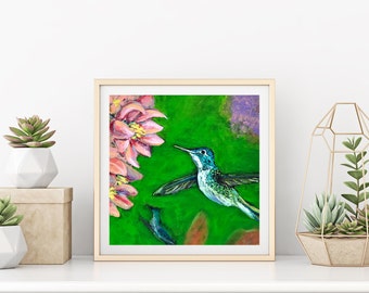 Hummingbird Art Print: Emerald Acrylic Painting, Wall Decor