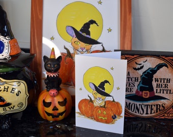 Witchy Cat Halloween Card: Giclee Fine Art Print