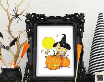 Cute Halloween Witch Cat Moon Pumpkins Jack'o'Lantern Decor Art Drawing Art Print Illustration Wall Decor