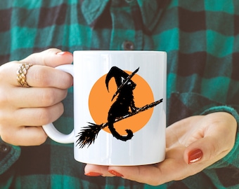 Witch Cat Coffee Mug: Halloween Kitten on Broomstick - 11oz