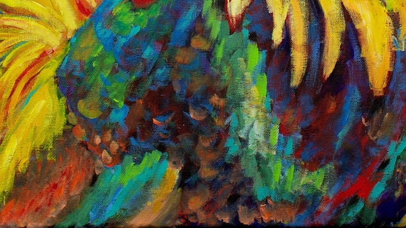 Colorful Abstract Rooster Decor Nursey Kitchen Painting Fine Art Print Rooster Neon Feathers Painting Rainbow Chicken Image Picture