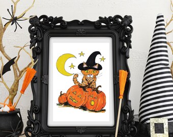 Halloween Witch Cat Art Print: Jack'o'Lantern Pumpkins Wall Decor