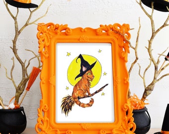 Cute Halloween Witch Cat Flying on Broomstick Orange Tabby Magical Moon Art Print Wall decor Halloween