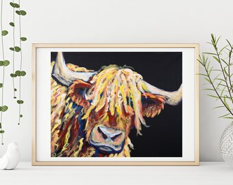 Highland Cow Painting Print Fuzzy Cow Print Abstract Colorful Cow Yellow Orange Cow Long Haired Cow Painting Farm Animal art