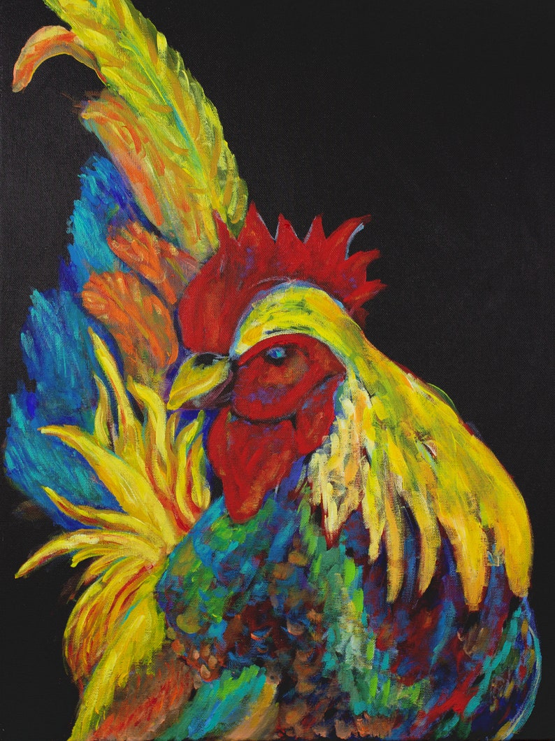 Colorful Abstract Rooster Decor Nursey Kitchen Painting Fine Art Print Rooster Neon Feathers Painting Rainbow Chicken Image Picture