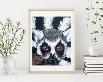 Lemur Portrait Print: Black and White Striped Tail, Animal Wall Decor