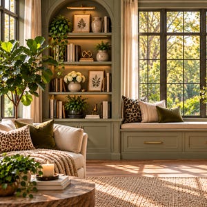 May include: A living room featuring a sage green built-in bookshelf with integrated lighting, displaying books, framed botanical prints, and potted plants. A beige sofa with leopard print and olive green pillows sits beside a window seat with cushions.
