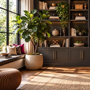 May include: A large fiddle leaf fig plant in a textured beige stone planter sits beside a window. A dark gray built-in bookshelf displays books, decorative bowls, a trailing green plant, and gold accents. A woven rug covers the wooden floor.