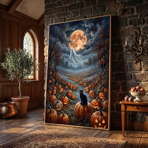 May include: A rectangular wall art print featuring a dark, atmospheric scene of a pumpkin patch under a full moon. A white ghost floats above the field, while a black cat sits atop a large, carved jack-o'-lantern in the foreground.