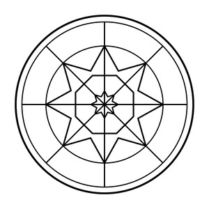 May include: A black and white circular graphic design featuring a central eight-pointed star enclosed within an octagonal frame. This shape is surrounded by a larger star pattern and divided by four intersecting lines within a thick outer circular border.