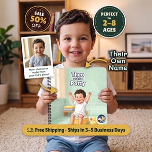May include: A spiral-bound children's book titled Theo and the Potty featuring a cartoon illustration of a child sitting on a yellow potty in a bathroom with green tiled walls and a yellow rubber duck nearby, with a black spiral binding on the left.