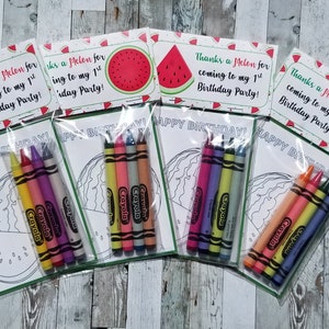 Watermelon Birthday Party Favor Bags with mini coloring pages and crayons- Watermelon theme