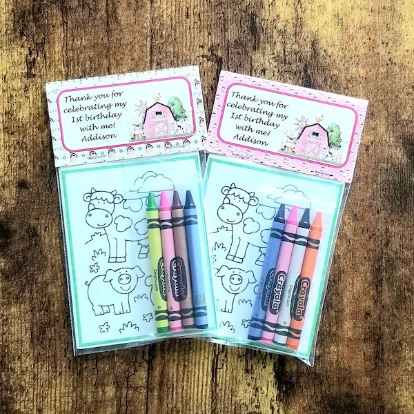 Farm Coloring  Favors-Farm Birthday Favor Bags with mini coloring pages and crayons