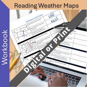 May include: A Reading Weather Maps workbook featuring printed worksheets with tables for identifying weather fronts and directions. The pages include maps of US states with hand-written notes in blue ink, alongside a laptop, a yellow pencil, and colorful paper clips.
