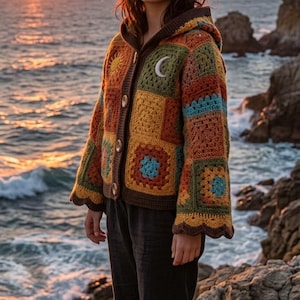 Peut inclure: Un gilet à capuche composé de carrés de crochet multicolores dans des tons orange, jaune, vert et bleu. Le vêtement présente une fermeture boutonnée marron, un ourlet festonné et des écussons soleil et lune brodés sur la poitrine.