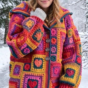 Peut inclure: Un cardigan en crochet à manches longues composé d'un patchwork vibrant de carrés granny multicolores, incluant des motifs de cœurs et de fleurs. Le vêtement possède une capuche, une fermeture boutonnée avec quatre boutons marron foncé et des poignets côtelés.