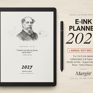 Notable Authors E-Ink-Planer 2027/2026, im Stil eines alten Buches, verlinktes PDF