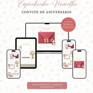 Puede incluir: Una plantilla de invitación de cumpleaños digital con ilustraciones de Caperucita Roja en un portátil, tableta y teléfonos inteligentes. Las pantallas muestran sobres, árboles y personajes. Texto: Capochinho Vermelho, CONVITE DE ANIVERSÁRIO, CANVA WEBSITE TEMPLATE, Links editáveis e respostas automáticas.