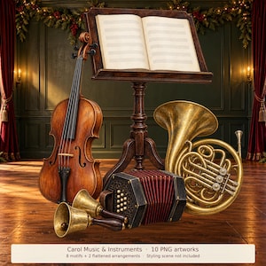 Carol Music & Instruments Clipart, 10 Watercolor Style PNGs
