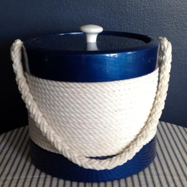 Vintage, Navy and Rope, Nautical Ice Bucket