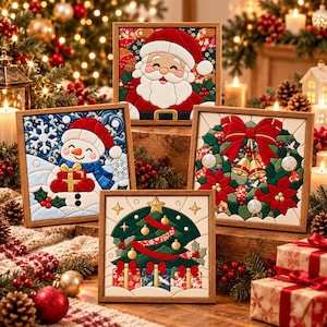 May include: Four square framed fabric art pieces featuring Christmas themes: a smiling Santa Claus, a snowman holding a gift, a festive wreath with bells and poinsettias, and a decorated Christmas tree with presents, all displayed on a wooden surface.