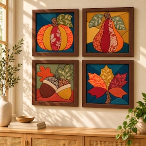Autumn Kinusaiga Kit with Wooden Frame, Pumpkin and Fall Leaf Fabric Art DIY, 4 Seasonal Designs, No-Sew Craft