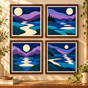 Maanlichtlandschap Kinusaiga DIY-pakket, Stoffen plooikunst zonder naaien, Houten frame van 20 cm, Textiel wanddecoratie met nachtlandschap, Handgemaakt cadeau