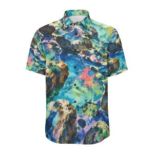 Tidepool Current Button-Up Shirt | Teal, Aqua and Coral All-Over Print | Unisex Collared Shirt