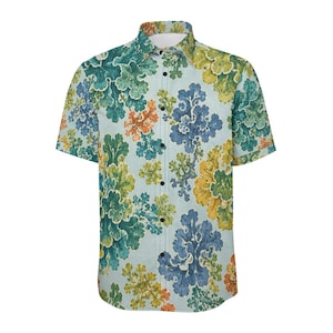 Lichen Button-Up Shirt | Teal, Blue & Chartreuse All-Over Print | Unisex Collared Shirt