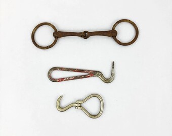 Vintage Horse Tack Lot – Iron Loose Ring Snaffle Bit, Hoof Pick, Harness Snap – Antique Equestrian