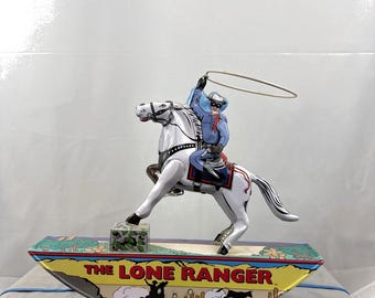Vintage 2003 Lone Ranger Tin Litho Wind-Up Rocker Toy – Hi-Yo Silver – Tested Working