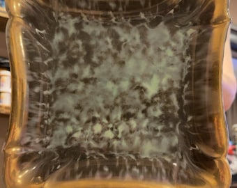 Vintage Fohr Keramik Fat Lava Dish: Green Gold Glaze, 9" Square Art Pottery Tray