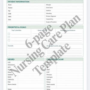 May include: A white comprehensive nurse report sheet template with dark green text and borders. Sections include patient information, priorities and goals, neuro, and cardiovascular assessments with blank lines for clinical documentation.