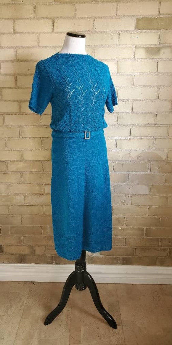 1940s vintage open knit boucle blue dress
