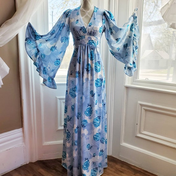 Vintage 70s angel sleeve maxi dress women's blue r
