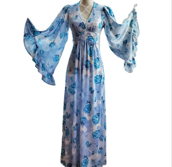 Vintage 70s angel sleeve maxi dress women's blue r