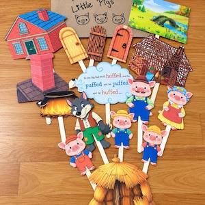 Three Little Pigs Paper Puppets | Handmade Storytelling Set (14 Pieces)