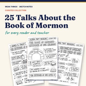 May include: A collection of three white pages featuring black ink sketch notes titled 25 Talks About the Book of Mormon for every reader and teacher. The pages contain hand-drawn illustrations, diagrams of arches, and text referencing Ezra Taft Benson.