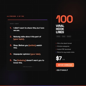 May include: A digital product preview titled 100 Viral Hook Lines featuring a list of five numbered hook lines with fill-in-the-blank placeholders. The design uses a dark background with orange text, including buttons for TikTok, Reels, and Shorts.