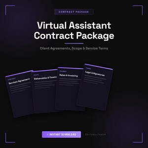 Może przedstawiać: Cyfrowy pakiet umów dla wirtualnego asystenta z czterema ciemnofioletowymi kartami oznaczonymi jako Services Agreement, Deliverables & Timelines, Rates & Invoicing oraz Legal & Signatures, z przyciskiem Instant Download.