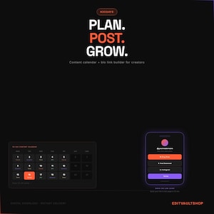 Pode incluir: Um gráfico de planejador de conteúdo digital em fundo preto com o texto #30DAYS, PLAN. POST. GROW. e Content calendar + bio link builder for creators. Inclui uma grade de calendário de 30 dias e uma interface móvel com botões de link.