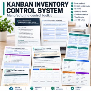 May include: A Kanban inventory control system manufacturing toolkit featuring multiple printed documents including an operating manual, quality check forms, sizing parameters, and kanban cards in A4 and US Letter formats with teal accents.