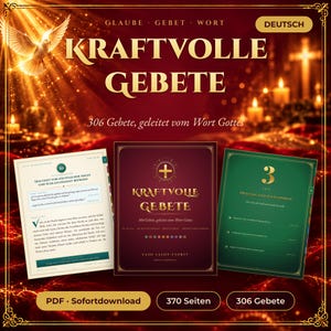 Puede incluir: Un libro de oraciones digital titulado Kraftvolle Gebete con 306 oraciones. La imagen muestra una portada central de color rojo oscuro, una página blanca con texto sobre la ansiedad nocturna y una página verde con el número 3 sobre un fondo rojo.