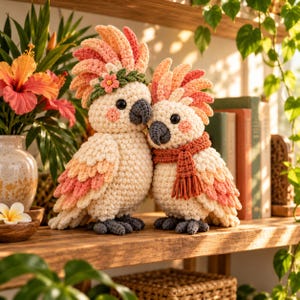 May include: Two crocheted cockatoo plush toys with cream, peach, and pink yarn. One bird wears a green leaf crown with a small pink flower, while the other wears a textured rust-colored scarf. Both have dark grey beaks and feet with black eyes.