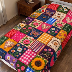 May include: A patchwork quilt featuring a variety of colorful squares with floral patterns, butterflies, hearts, gingham, polka dots, stripes, and denim textures. The design includes decorative elements like buttons and lace-like circular motifs.
