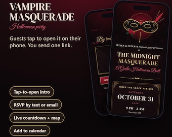 Vampire Masquerade Halloween Invitation, Gothic Ball Interactive Phone Invite with RSVP, Countdown & Map, Editable Black Tie Evite