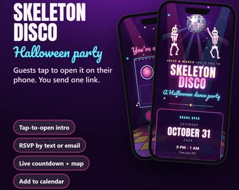 Skeleton Disco Halloween Party Invitation, Interactive Phone Invite Link with RSVP, Countdown, Map, Editable Neon Dance Party Evite