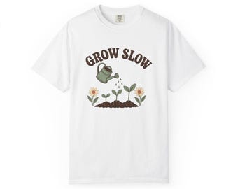 Grow Slow Shirt, Retro Gardening Tee, Watering Can Seedling Graphic, Plant Mom Gift, Slow Living Garden Shirt