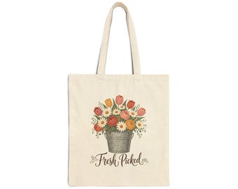 Fresh Picked Flower Tote Bag, Tulip Daisy Bucket Canvas Tote, Flower Market Bag, Florist Gift, Spring Tote