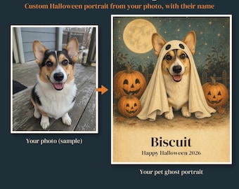 Custom Pet Ghost Portrait from Photo, Personalized Halloween Dog Portrait with Name, Cat in Ghost Costume Art, Vintage Halloween Digital